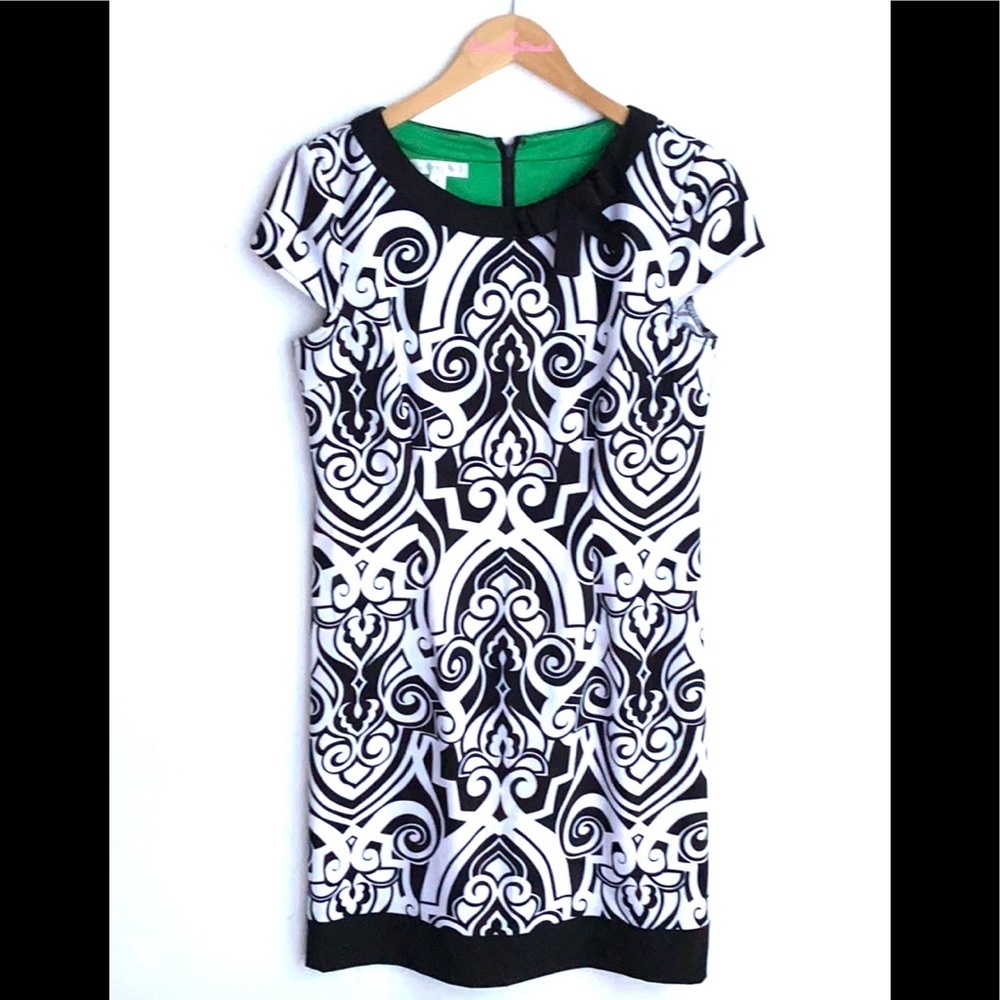 London Times Black and White Sheath Midi Dress with black bow accent,‎ Size 6